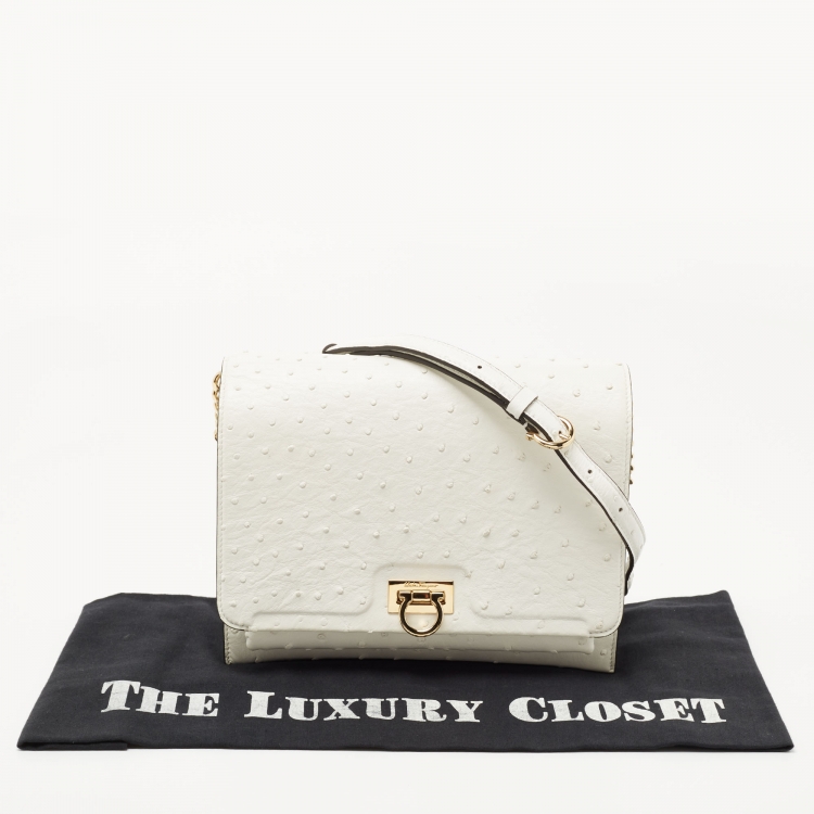 Pre Owned Salvatore Ferragamo White Ostrich Gancini Flap Shoulder Bag