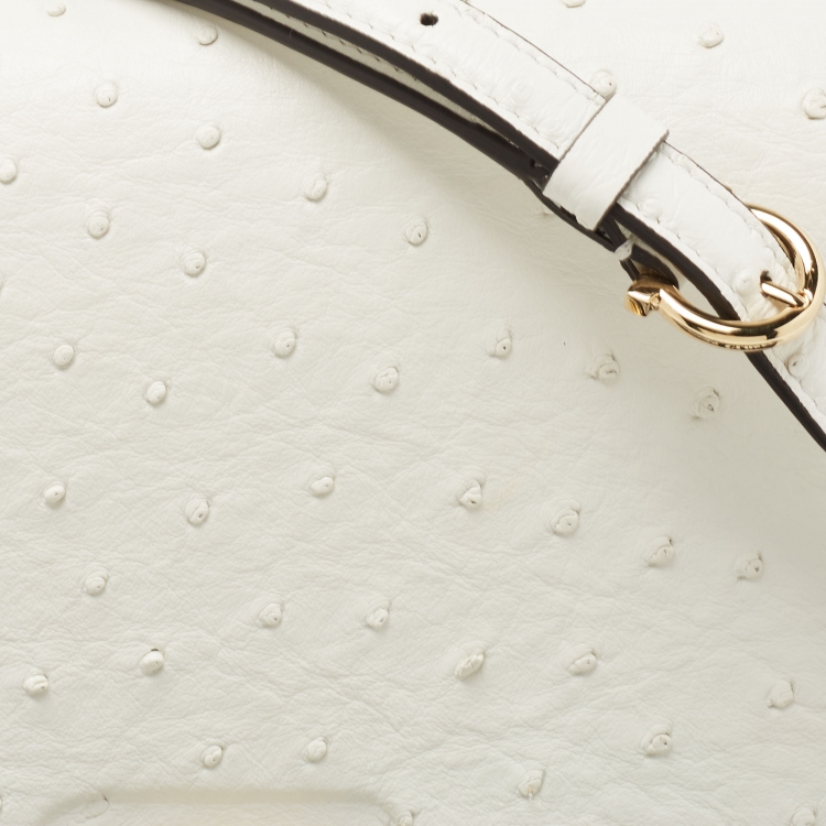 Pre Owned Salvatore Ferragamo White Ostrich Gancini Flap Shoulder Bag