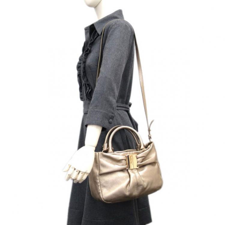 Pre Owned Salvatore Ferragamo Gold Leather Vara Bow Tote