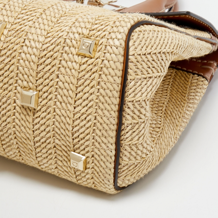 Pre Owned Salvatore Ferragamo Brown/Beige Raffia And Leather Studio Tote
