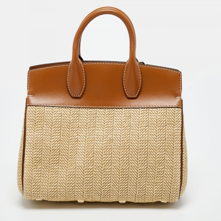Pre Owned Salvatore Ferragamo Brown/Beige Raffia And Leather Studio Tote