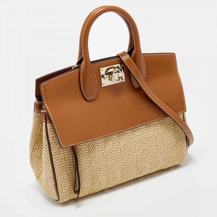 Pre Owned Salvatore Ferragamo Brown/Beige Raffia And Leather Studio Tote
