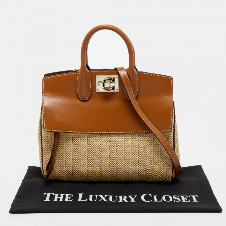 Pre Owned Salvatore Ferragamo Brown/Beige Raffia And Leather Studio Tote