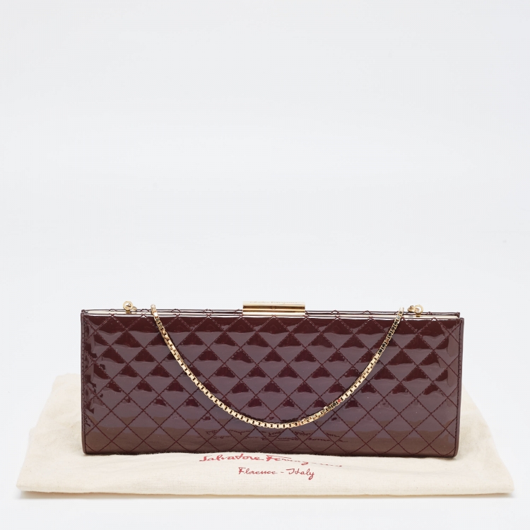 Pre Owned Salvatore Ferragamo Burgundy Quilted Patent Leather Chain Clutch