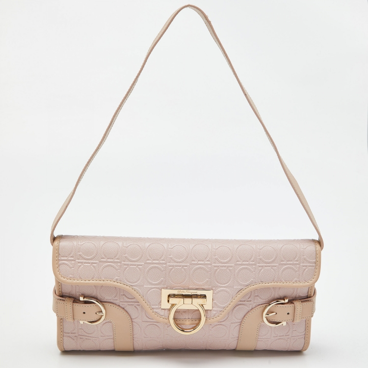 Pre Owned Salvatore Ferragamo Pink Signature Coated Canvas and Leather Shoulder Bag 