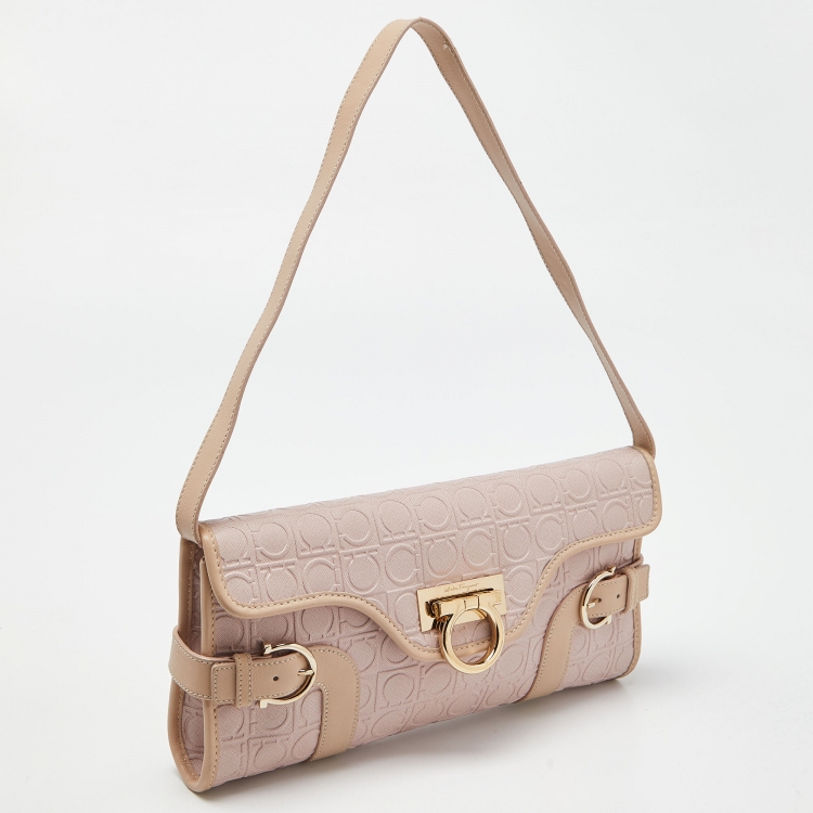 Pre Owned Salvatore Ferragamo Pink Signature Coated Canvas and Leather Shoulder Bag 