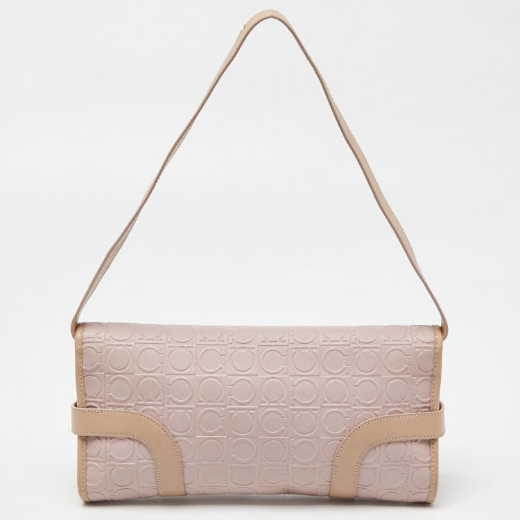Pre Owned Salvatore Ferragamo Pink Signature Coated Canvas and Leather Shoulder Bag 