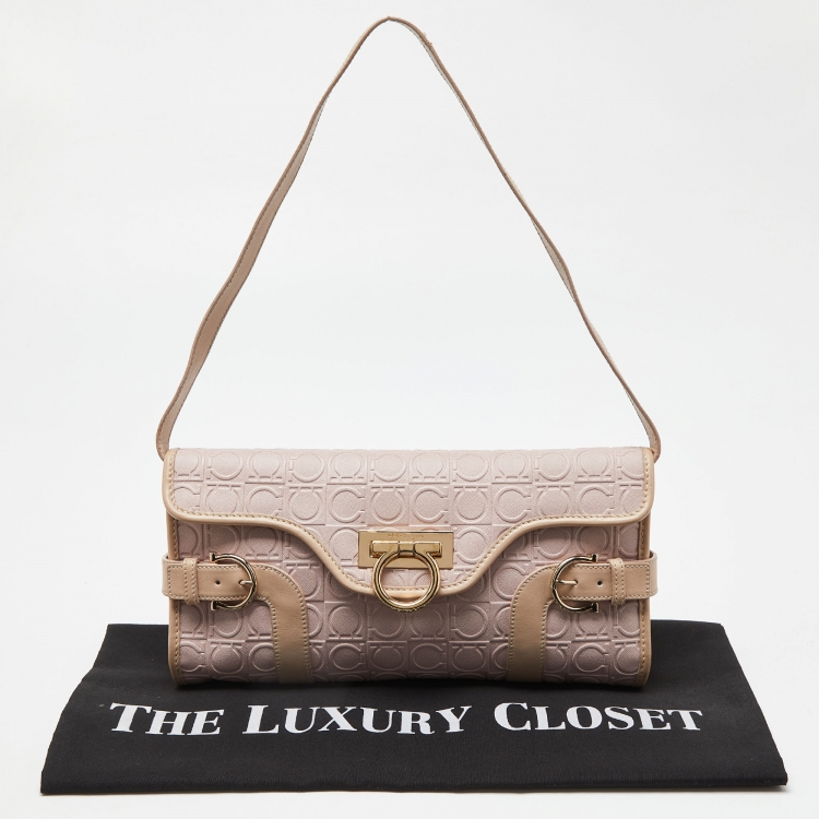 Pre Owned Salvatore Ferragamo Pink Signature Coated Canvas and Leather Shoulder Bag 
