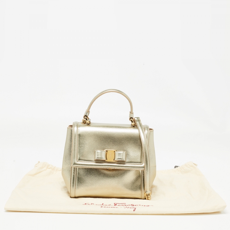 Pre Owned Salvatore Ferragamo Gold Leather Top Handle Bag