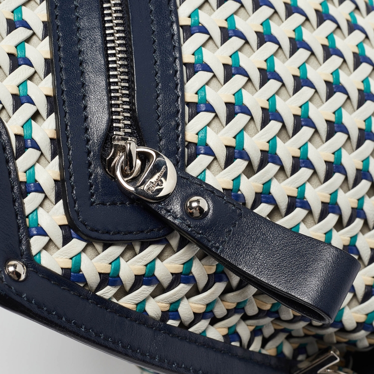Pre Owned Salvatore Ferragamo Navy Blue/Multicolor Woven Leather Sofia Top Handle Bag