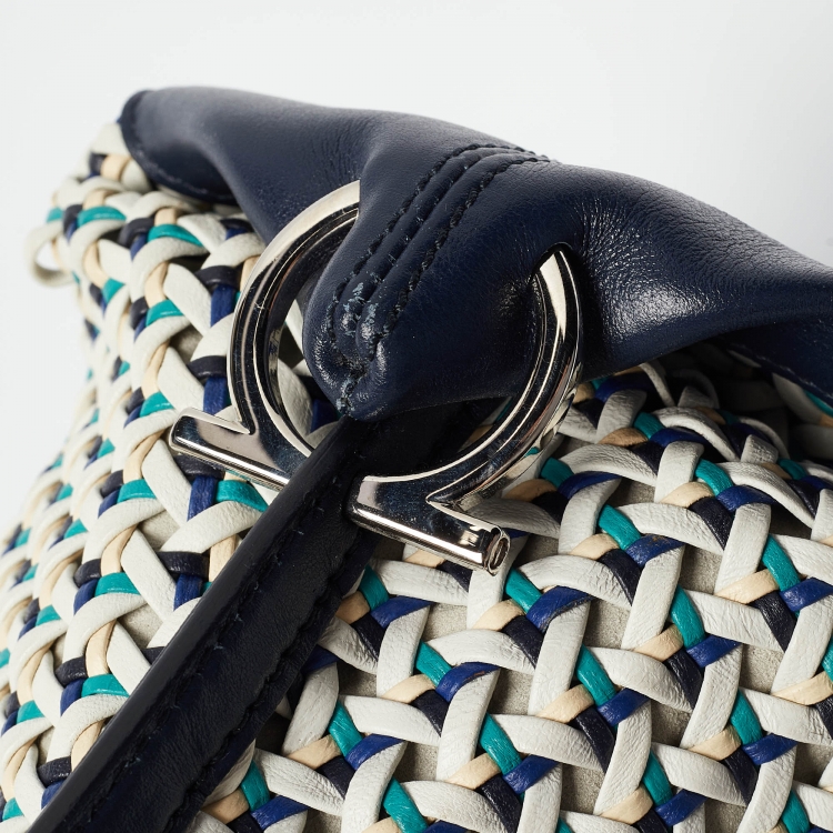Pre Owned Salvatore Ferragamo Navy Blue/Multicolor Woven Leather Sofia Top Handle Bag