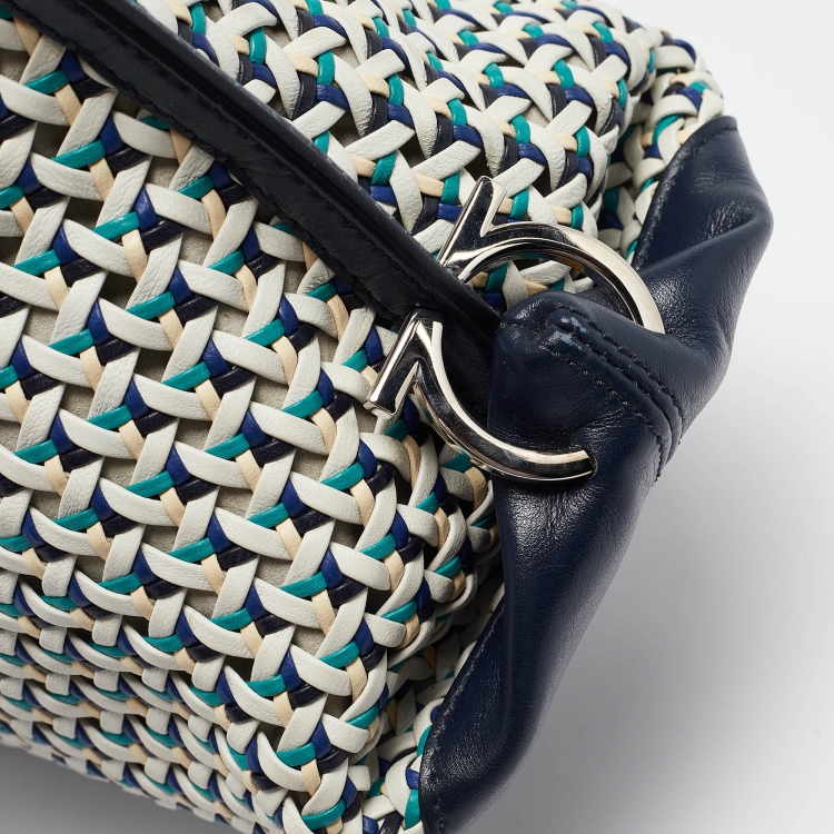 Pre Owned Salvatore Ferragamo Navy Blue/Multicolor Woven Leather Sofia Top Handle Bag