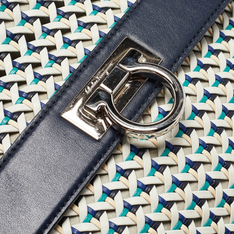 Pre Owned Salvatore Ferragamo Navy Blue/Multicolor Woven Leather Sofia Top Handle Bag