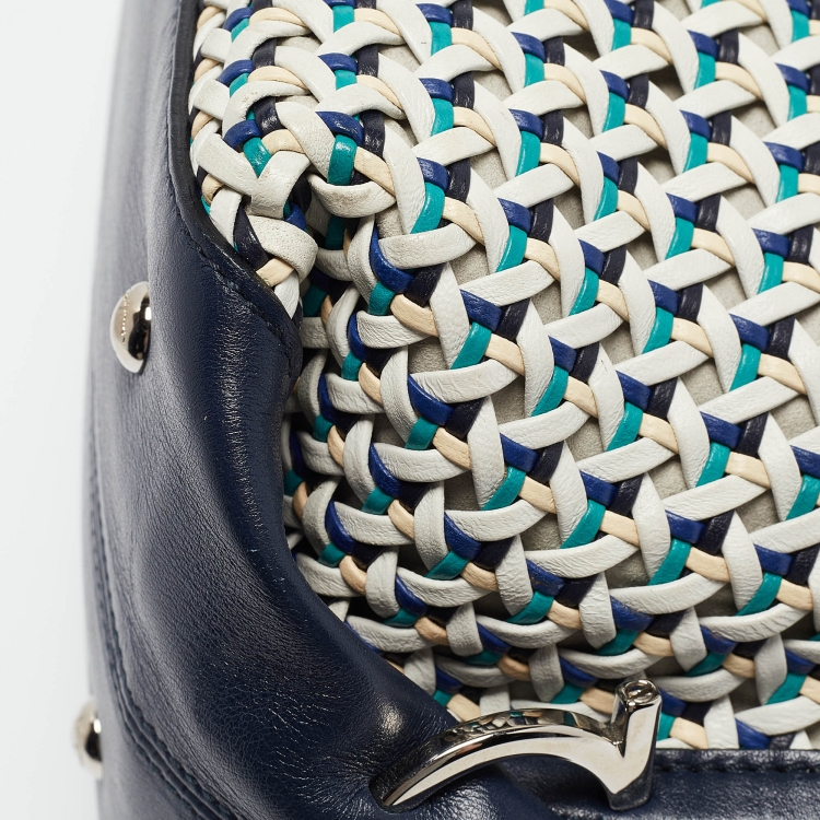 Pre Owned Salvatore Ferragamo Navy Blue/Multicolor Woven Leather Sofia Top Handle Bag