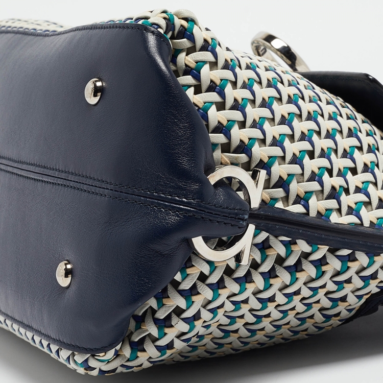 Pre Owned Salvatore Ferragamo Navy Blue/Multicolor Woven Leather Sofia Top Handle Bag