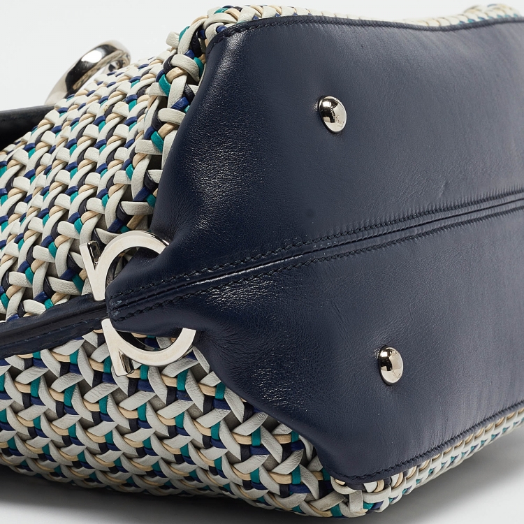 Pre Owned Salvatore Ferragamo Navy Blue/Multicolor Woven Leather Sofia Top Handle Bag