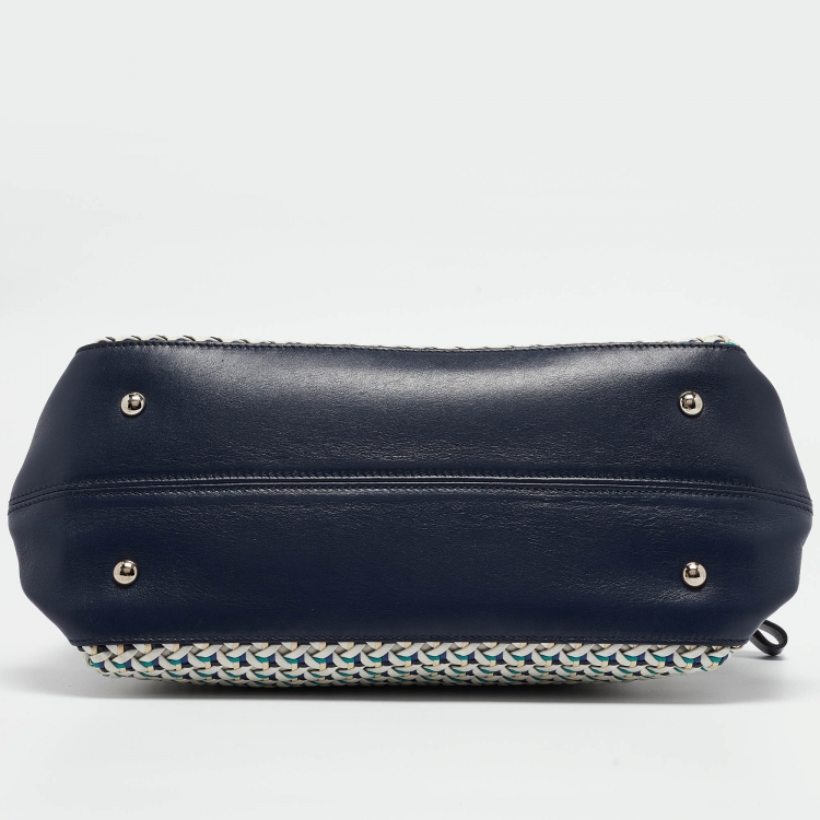 Pre Owned Salvatore Ferragamo Navy Blue/Multicolor Woven Leather Sofia Top Handle Bag