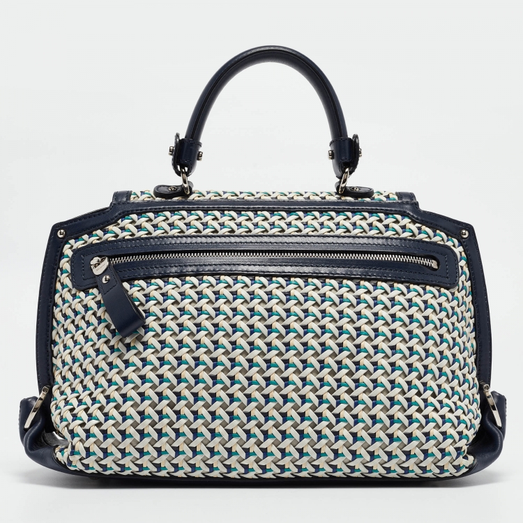 Pre Owned Salvatore Ferragamo Navy Blue/Multicolor Woven Leather Sofia Top Handle Bag
