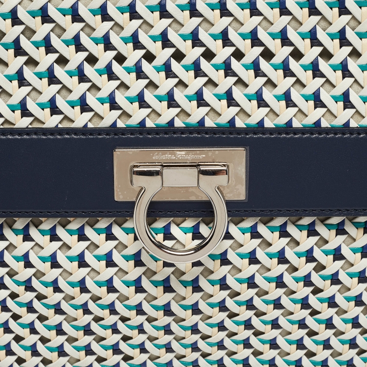 Pre Owned Salvatore Ferragamo Navy Blue/Multicolor Woven Leather Sofia Top Handle Bag
