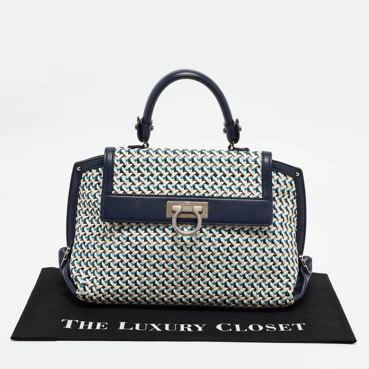 Pre Owned Salvatore Ferragamo Navy Blue/Multicolor Woven Leather Sofia Top Handle Bag
