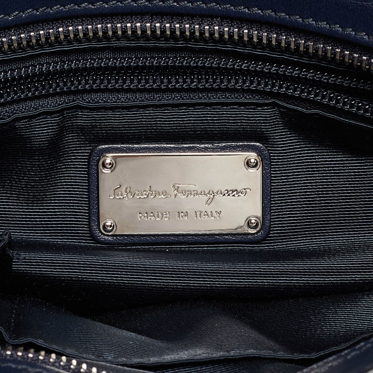 Pre Owned Salvatore Ferragamo Navy Blue/Multicolor Woven Leather Sofia Top Handle Bag