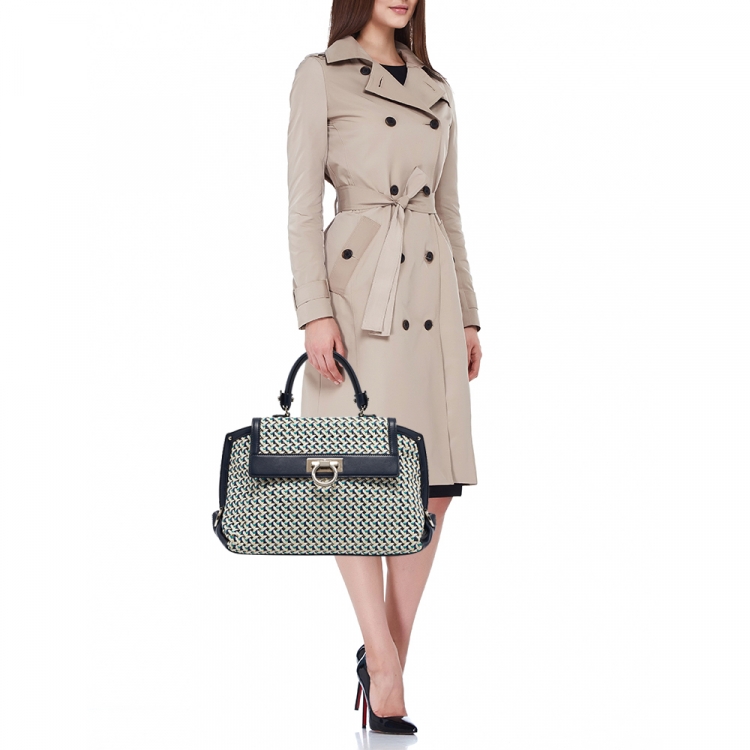 Pre Owned Salvatore Ferragamo Navy Blue/Multicolor Woven Leather Sofia Top Handle Bag