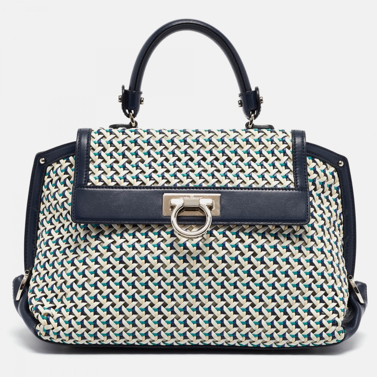 Pre Owned Salvatore Ferragamo Navy Blue/Multicolor Woven Leather Sofia Top Handle Bag