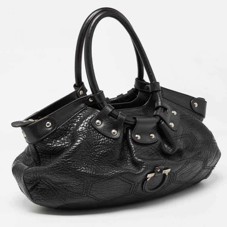Pre Owned Salvatore Ferragamo Black Pebbled Leather Satchel