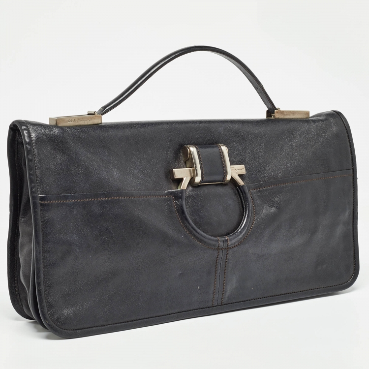 Pre Owned Salvatore Ferragamo Black Leather Oversized Gancini Clutch
