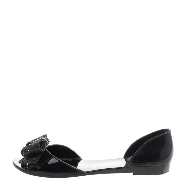 Pre Owned Salvatore Ferragamo Black Preita Lace Bow Jelly Flats Size 40.5