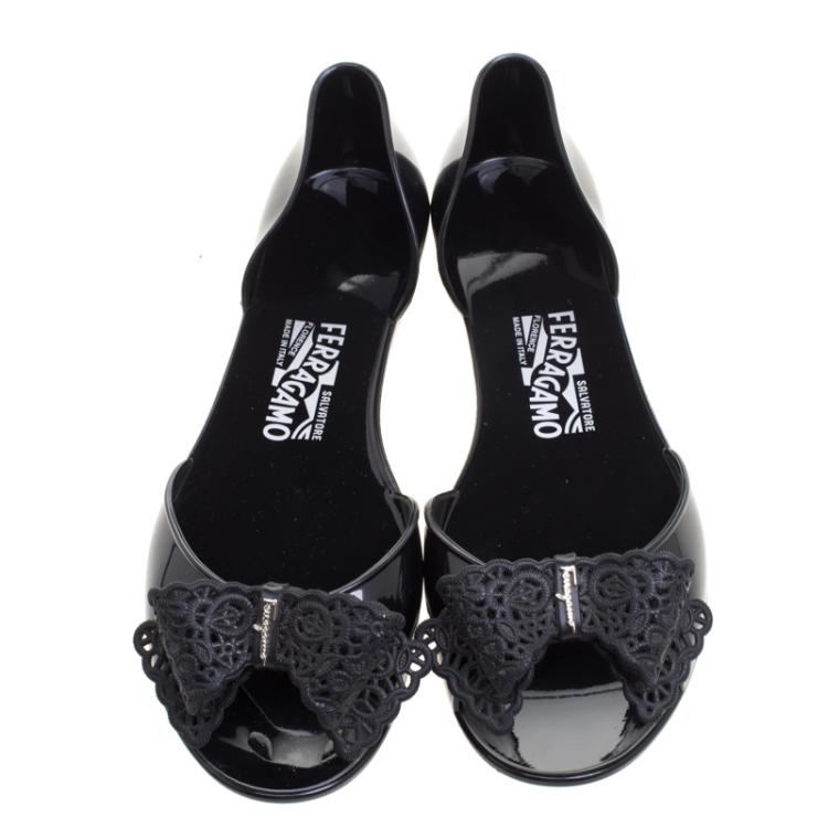 Pre Owned Salvatore Ferragamo Black Preita Lace Bow Jelly Flats Size 40.5