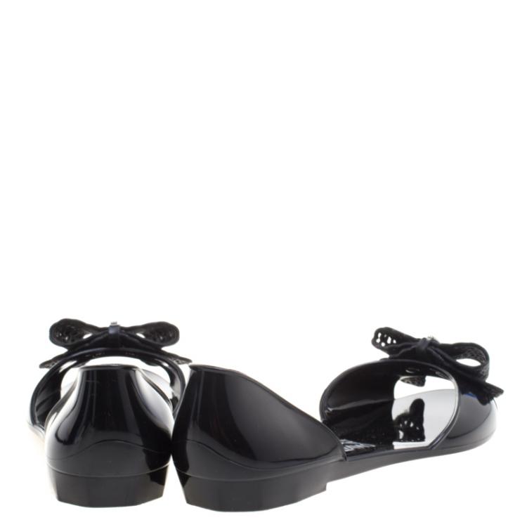 Pre Owned Salvatore Ferragamo Black Preita Lace Bow Jelly Flats Size 40.5