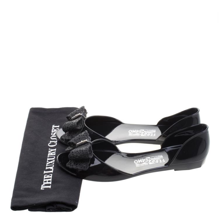Pre Owned Salvatore Ferragamo Black Preita Lace Bow Jelly Flats Size 40.5