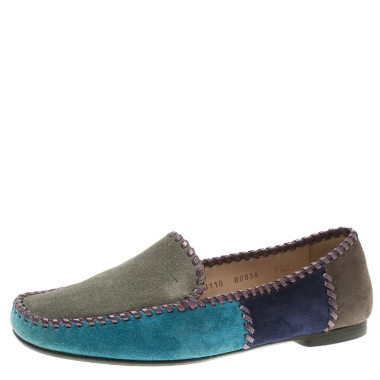 Pre Owned Salvatore Ferragamo Tri Color Suede Whip Stitch Loafers Size 38