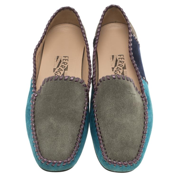 Pre Owned Salvatore Ferragamo Tri Color Suede Whip Stitch Loafers Size 38