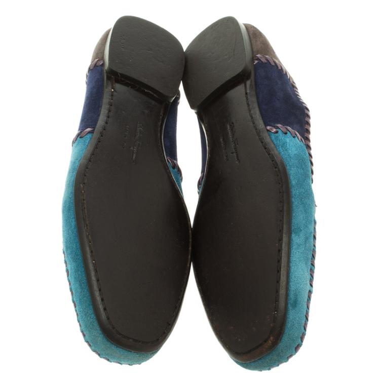 Pre Owned Salvatore Ferragamo Tri Color Suede Whip Stitch Loafers Size 38