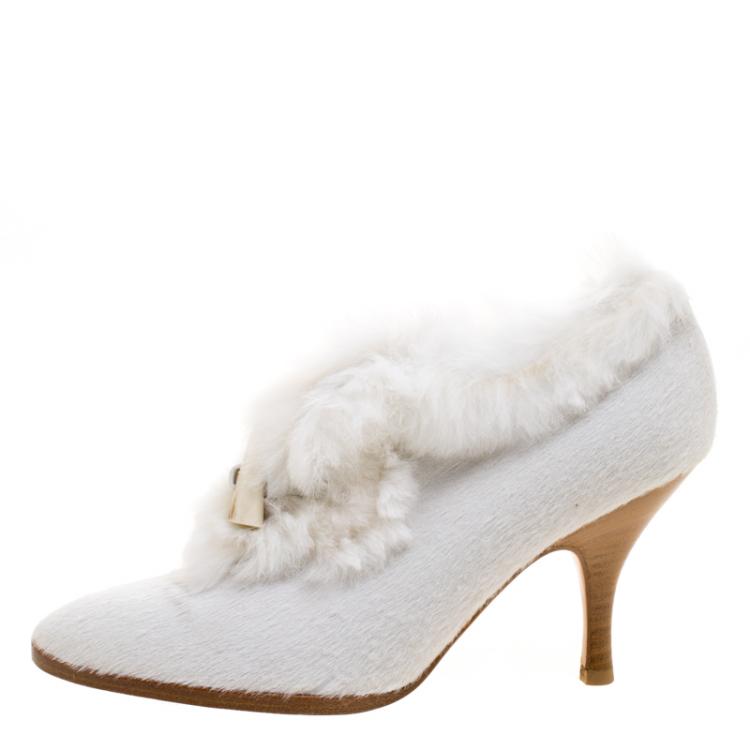 Pre Owned Salvatore Ferragamo White Calf Hair Pointed Toe Fur Trimmed Ankle Boots Size 36