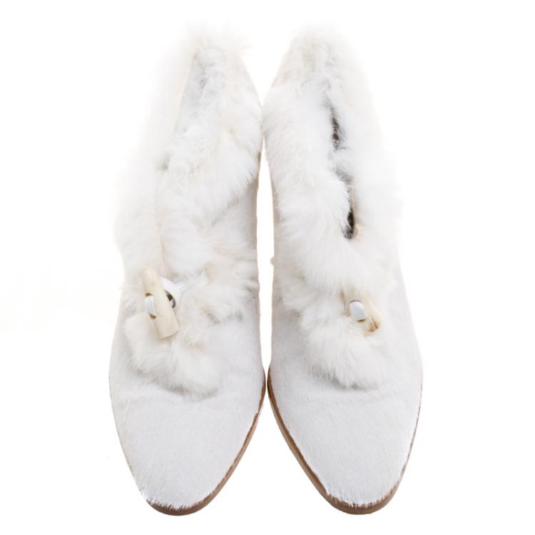 Pre Owned Salvatore Ferragamo White Calf Hair Pointed Toe Fur Trimmed Ankle Boots Size 36