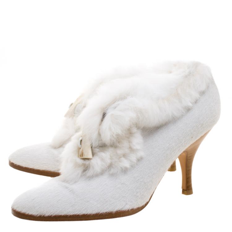 Pre Owned Salvatore Ferragamo White Calf Hair Pointed Toe Fur Trimmed Ankle Boots Size 36