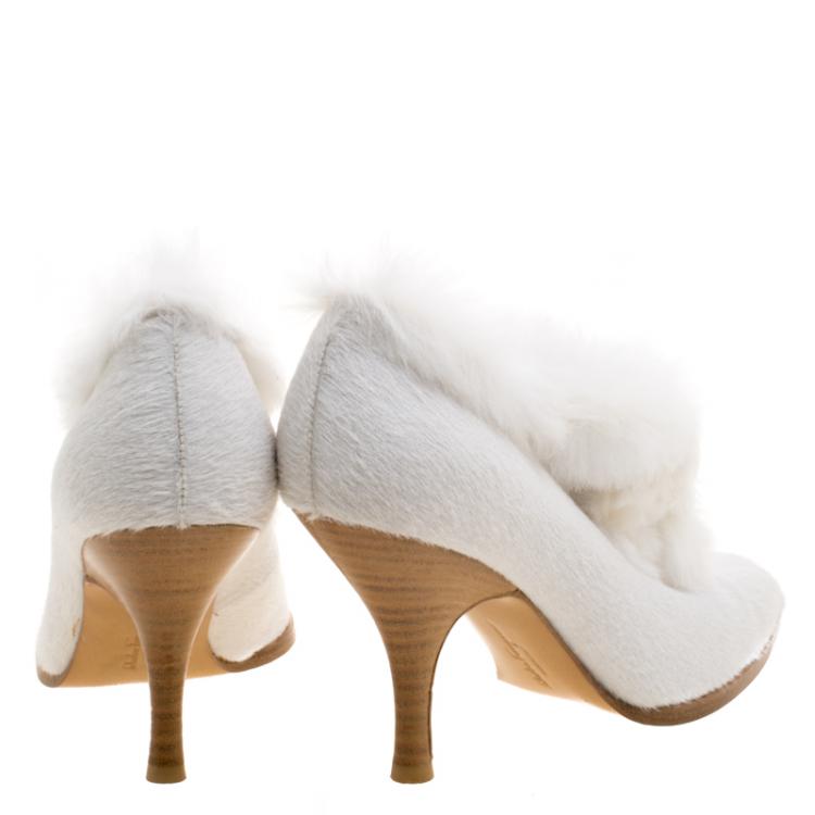 Pre Owned Salvatore Ferragamo White Calf Hair Pointed Toe Fur Trimmed Ankle Boots Size 36