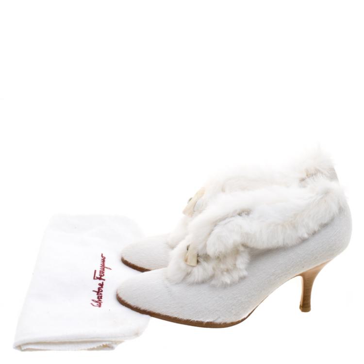 Pre Owned Salvatore Ferragamo White Calf Hair Pointed Toe Fur Trimmed Ankle Boots Size 36
