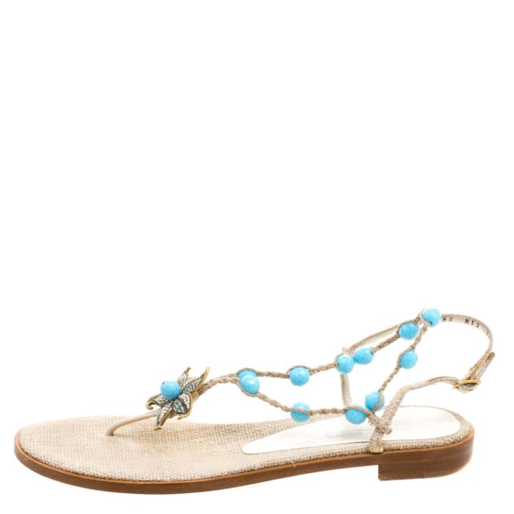 Pre Owned Salvatore Ferragamo Beige Jute Beads and Crystal Embellished Flat Sandals Size 40.5