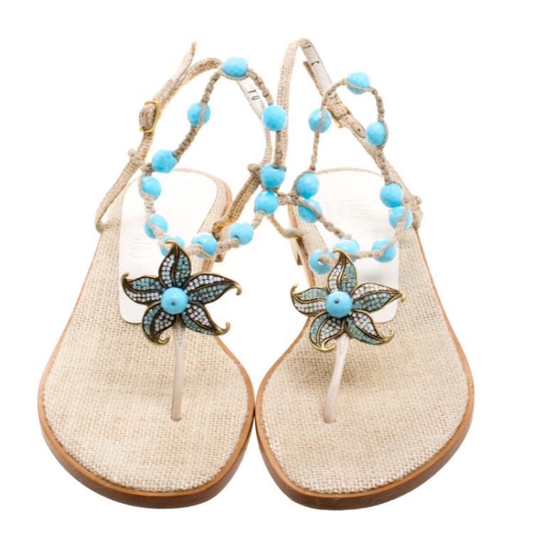 Pre Owned Salvatore Ferragamo Beige Jute Beads and Crystal Embellished Flat Sandals Size 40.5