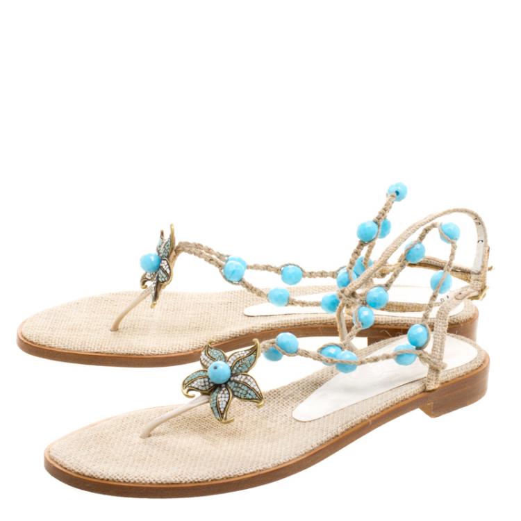 Pre Owned Salvatore Ferragamo Beige Jute Beads and Crystal Embellished Flat Sandals Size 40.5