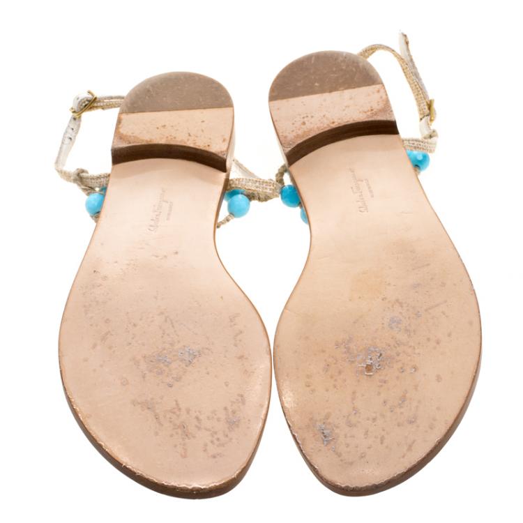 Pre Owned Salvatore Ferragamo Beige Jute Beads and Crystal Embellished Flat Sandals Size 40.5