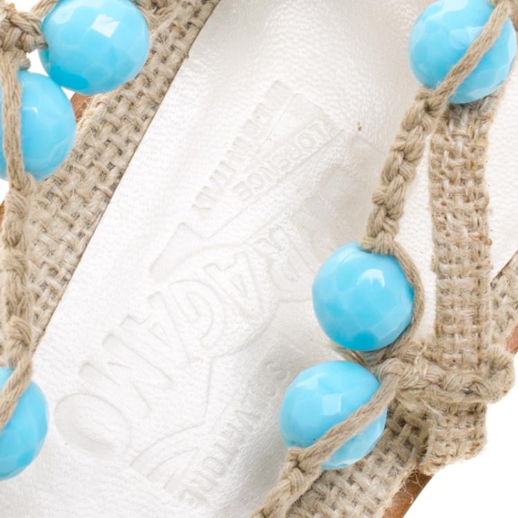 Pre Owned Salvatore Ferragamo Beige Jute Beads and Crystal Embellished Flat Sandals Size 40.5