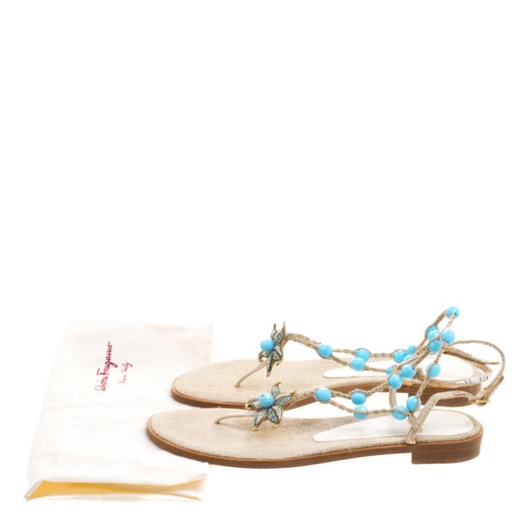 Pre Owned Salvatore Ferragamo Beige Jute Beads and Crystal Embellished Flat Sandals Size 40.5