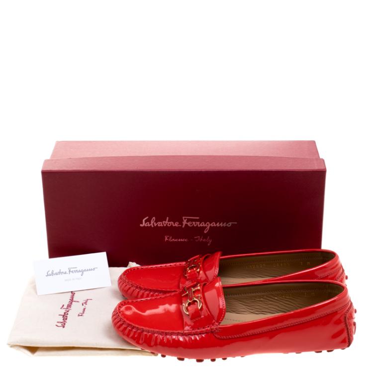 Pre Owned Salvatore Ferragamo Orange Patent Leather Soft moccasins Size 37.5