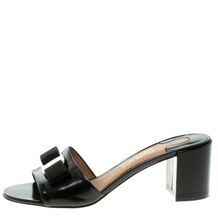 Pre Owned Salvatore Ferragamo Black Leather Block Heel Slides Size 38