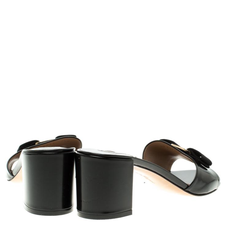 Pre Owned Salvatore Ferragamo Black Leather Block Heel Slides Size 38